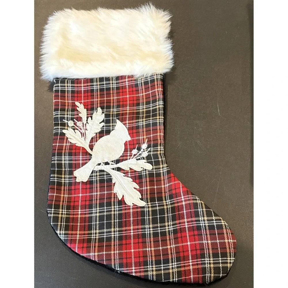 Plaid Cardinal Bird White Faux Fur Trim  Christmas Holiday‎ Stocking 17.5 Inch